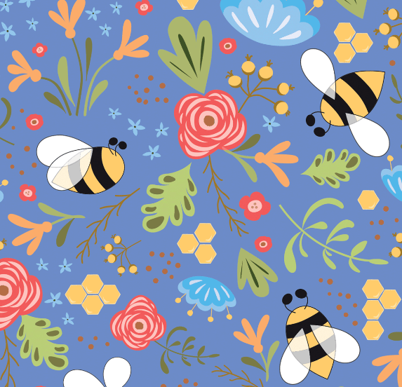 Tricoline Bee e Flores fd Azul
